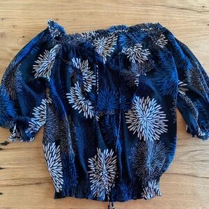 Off Shoulder‎ Peasant Blouse Floral Print Blue Black White 3/4 Sleeve Women’s S